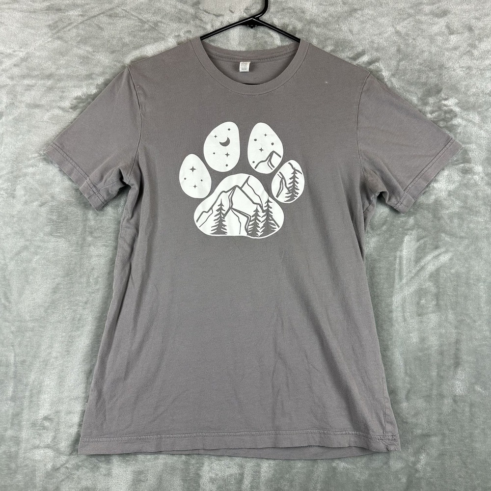 Paw Print w/ Mountains Forest T-Shirt Women's M Gray White Graphic Print Cotton